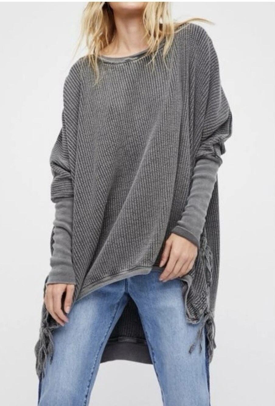 Free People FP One Interlaken Tunic Charcoal Waffle Knit Slouchy Boho Oversize S